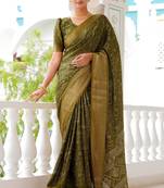 Mirchi fashion women's green kalamkari floral print cotton silk,silk blend saree with unstitched blouse piece