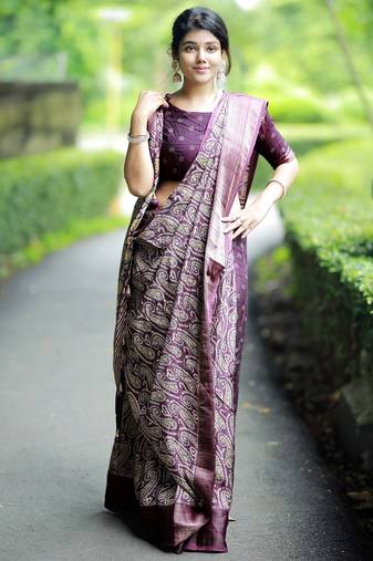 Mirchi fashion women's wine paisley zari border cotton silk,silk blend saree with unstitched blouse piece