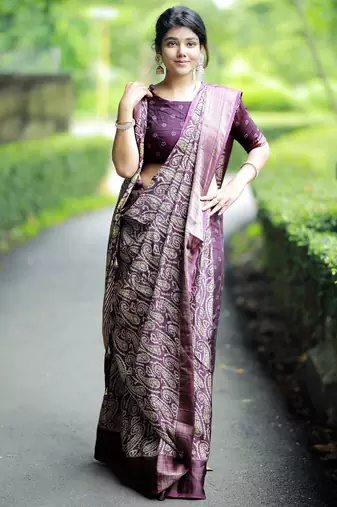 Mirchi fashion women's wine paisley zari border cotton silk,silk blend saree with unstitched blouse piece