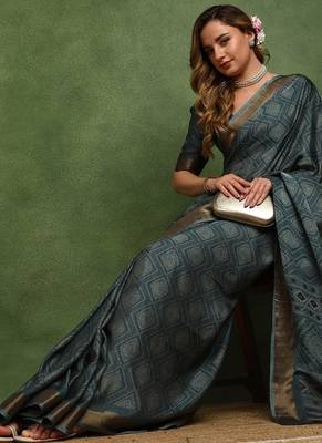 Mirchi fashion women's teal block print cotton silk,silk blend saree with unstitched blouse piece 2