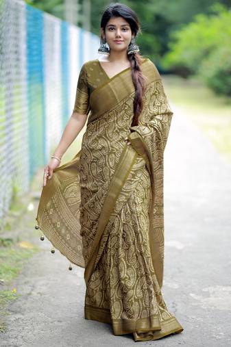 Mirchi fashion women's green paisley zari border cotton silk,silk blend saree with unstitched blouse piece