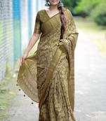 Mirchi fashion women's green paisley zari border cotton silk,silk blend saree with unstitched blouse piece