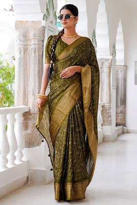 Mirchi fashion women's green kalamkari floral print cotton silk,silk blend saree with unstitched blouse piece 2