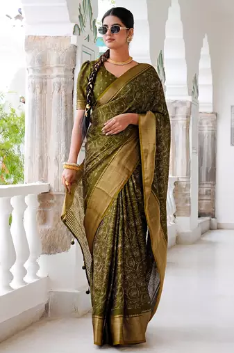 Mirchi fashion women's green kalamkari floral print cotton silk,silk blend saree with unstitched blouse piece