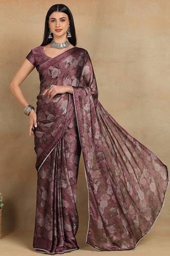 Mirchi fashion women's magenta floral printed chiffon saree with unstitched blouse piece