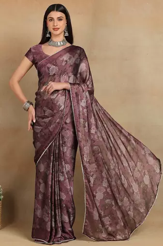 Mirchi fashion women's magenta floral printed chiffon saree with unstitched blouse piece