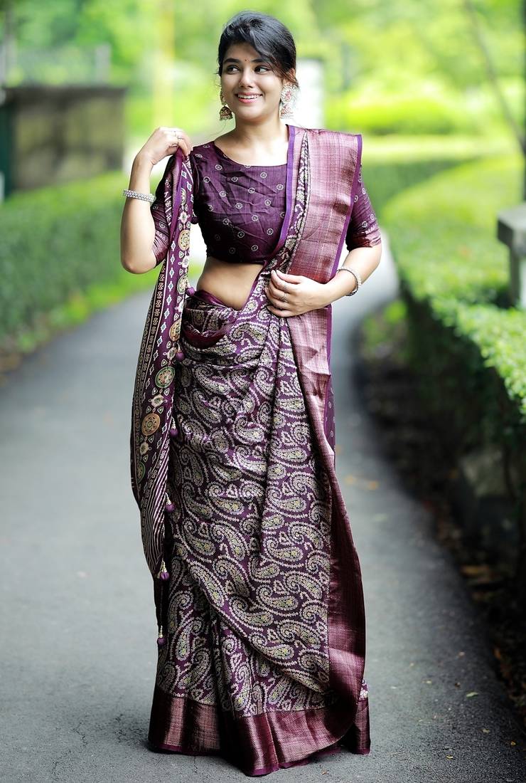 Mirchi fashion women's wine paisley zari border cotton silk,silk blend saree with unstitched blouse piece