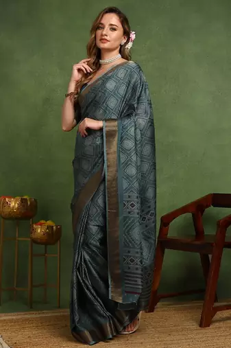 Mirchi fashion women's teal block print cotton silk,silk blend saree with unstitched blouse piece