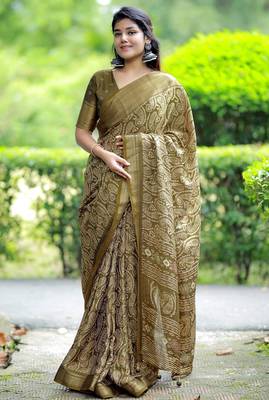 Mirchi fashion women's green paisley zari border cotton silk,silk blend saree with unstitched blouse piece 2