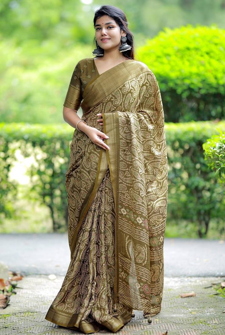 Mirchi fashion women's green paisley zari border cotton silk,silk blend saree with unstitched blouse piece