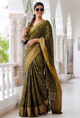 Mirchi fashion women's green kalamkari floral print cotton silk,silk blend saree with unstitched blouse piece 3