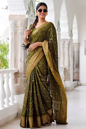 Mirchi fashion women's green kalamkari floral print cotton silk,silk blend saree with unstitched blouse piece