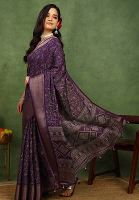 Mirchi fashion women's wine kalamkari floral print cotton silk,silk blend saree with unstitched blouse piece 3