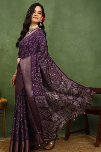 Mirchi fashion women's wine kalamkari floral print cotton silk,silk blend saree with unstitched blouse piece