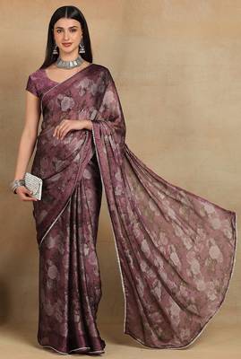 Mirchi fashion women's magenta floral printed chiffon saree with unstitched blouse piece 2