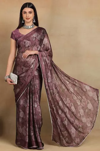Mirchi fashion women's magenta floral printed chiffon saree with unstitched blouse piece