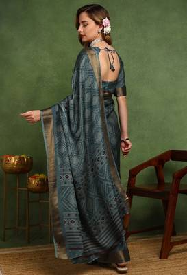 Mirchi fashion women's teal block print cotton silk,silk blend saree with unstitched blouse piece 4