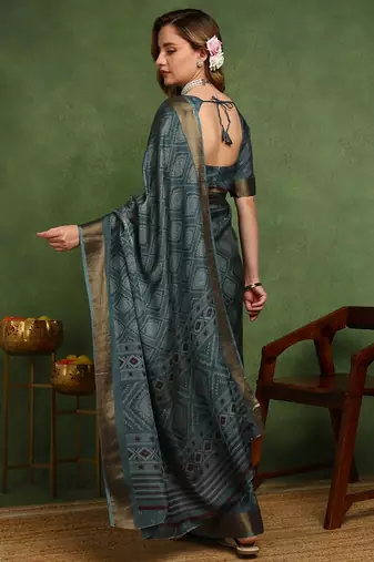 Mirchi fashion women's teal block print cotton silk,silk blend saree with unstitched blouse piece