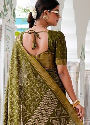 Mirchi fashion women's green kalamkari floral print cotton silk,silk blend saree with unstitched blouse piece 4