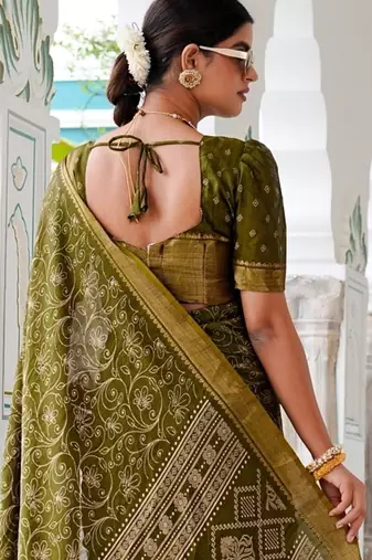 Mirchi fashion women's green kalamkari floral print cotton silk,silk blend saree with unstitched blouse piece
