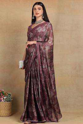 Mirchi fashion women's magenta floral printed chiffon saree with unstitched blouse piece 3