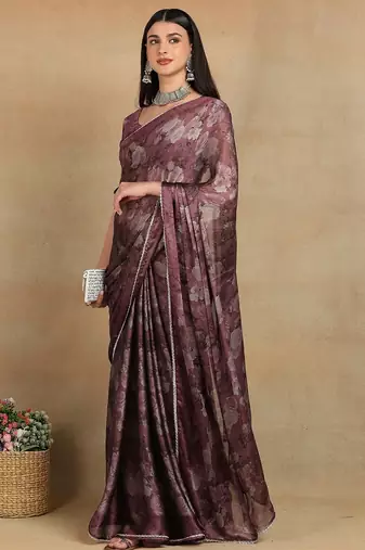 Mirchi fashion women's magenta floral printed chiffon saree with unstitched blouse piece
