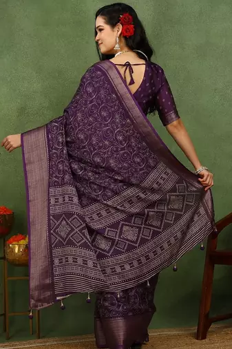 Mirchi fashion women's wine kalamkari floral print cotton silk,silk blend saree with unstitched blouse piece