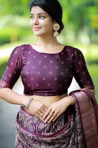 Mirchi fashion women's wine paisley zari border cotton silk,silk blend saree with unstitched blouse piece