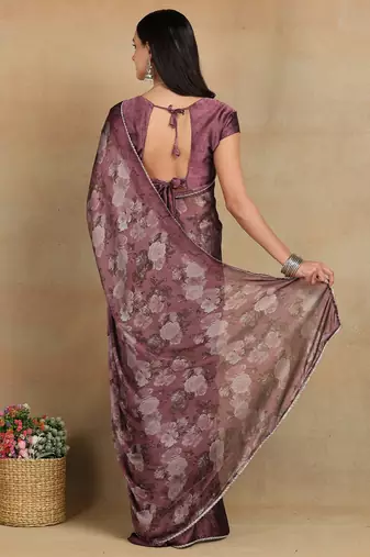 Mirchi fashion women's magenta floral printed chiffon saree with unstitched blouse piece