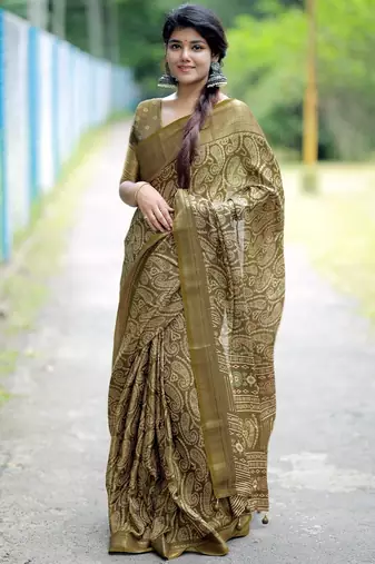 Mirchi fashion women's green paisley zari border cotton silk,silk blend saree with unstitched blouse piece