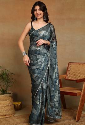 Mirchi fashion women's green floral printed chiffon saree with unstitched blouse piece 1
