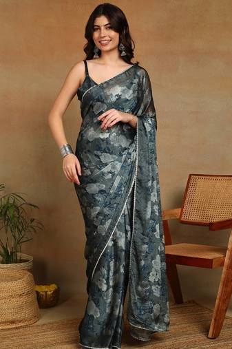 Mirchi fashion women's green floral printed chiffon saree with unstitched blouse piece
