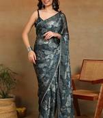 Mirchi fashion women's green floral printed chiffon saree with unstitched blouse piece