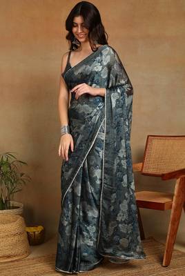 Mirchi fashion women's green floral printed chiffon saree with unstitched blouse piece 3