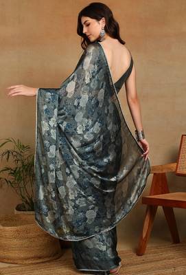 Mirchi fashion women's green floral printed chiffon saree with unstitched blouse piece 4