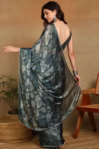 Mirchi fashion women's green floral printed chiffon saree with unstitched blouse piece