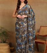 Mirchi fashion women's taupe floral printed chiffon saree with unstitched blouse piece