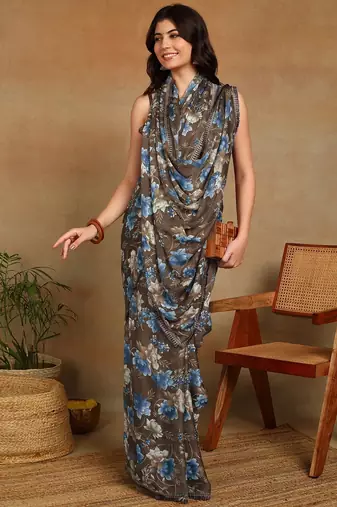 Mirchi fashion women's taupe floral printed chiffon saree with unstitched blouse piece