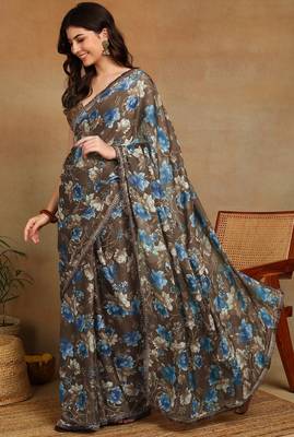 Mirchi fashion women's taupe floral printed chiffon saree with unstitched blouse piece 3