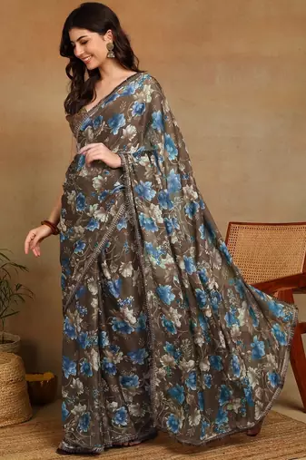 Mirchi fashion women's taupe floral printed chiffon saree with unstitched blouse piece