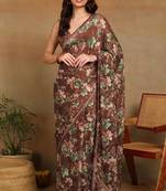 Mirchi fashion women's brown floral printed chiffon saree with unstitched blouse piece