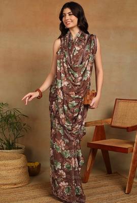 Mirchi fashion women's brown floral printed chiffon saree with unstitched blouse piece 2