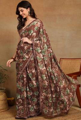 Mirchi fashion women's brown floral printed chiffon saree with unstitched blouse piece 3