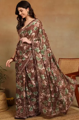 Mirchi fashion women's brown floral printed chiffon saree with unstitched blouse piece
