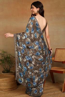 Mirchi fashion women's taupe floral printed chiffon saree with unstitched blouse piece 4