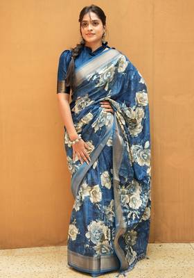 Mirchi fashion women's blue floral printed cotton silk,silk blend saree with unstitched blouse piece 1