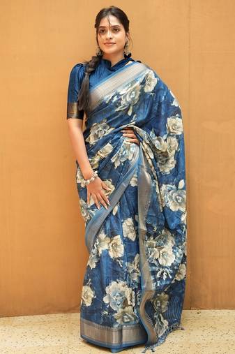 Mirchi fashion women's blue floral printed cotton silk,silk blend saree with unstitched blouse piece