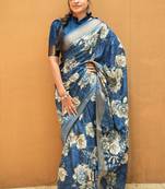 Mirchi fashion women's blue floral printed cotton silk,silk blend saree with unstitched blouse piece