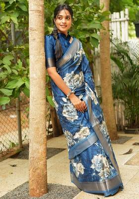 Mirchi fashion women's blue floral printed cotton silk,silk blend saree with unstitched blouse piece 2