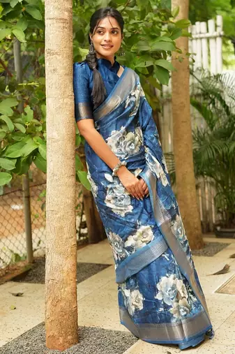 Mirchi fashion women's blue floral printed cotton silk,silk blend saree with unstitched blouse piece